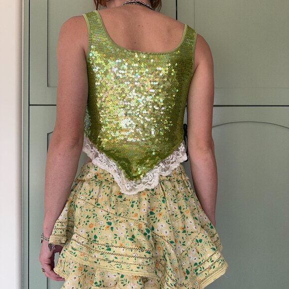Green Upcycled Sequence Lace Top - Picture 3 of 5